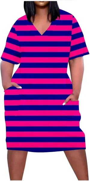 Plus Size Dress for Women Summer Solid Casual Sundresses Short Sleeve Knee Length Shirt Dress with Pockets