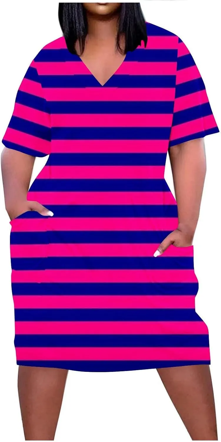 Plus Size Dress for Women Summer Solid Casual Sundresses Short Sleeve Knee Length Shirt Dress with Pockets