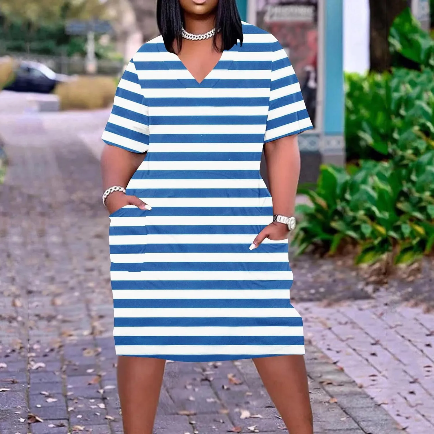 Plus Size Dress for Women Summer Solid Casual Sundresses Short Sleeve Knee Length Shirt Dress with Pockets