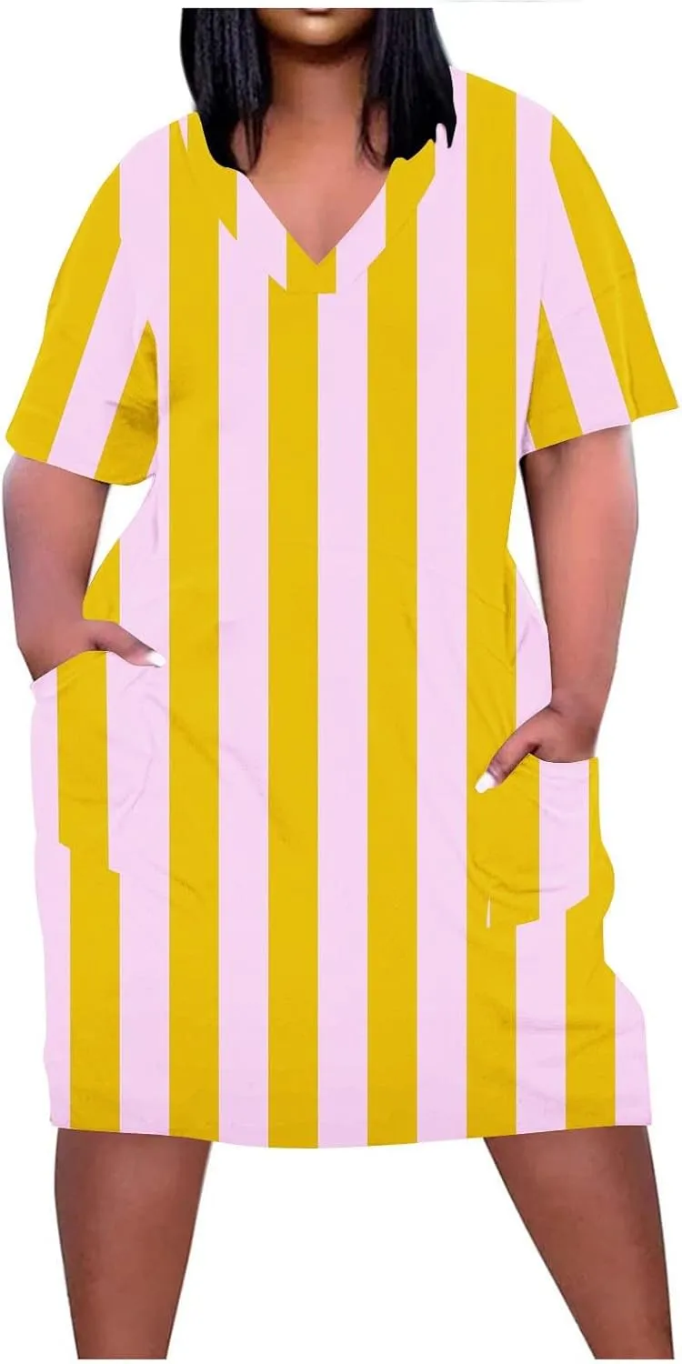 Plus Size Dress for Women Summer Solid Casual Sundresses Short Sleeve Knee Length Shirt Dress with Pockets