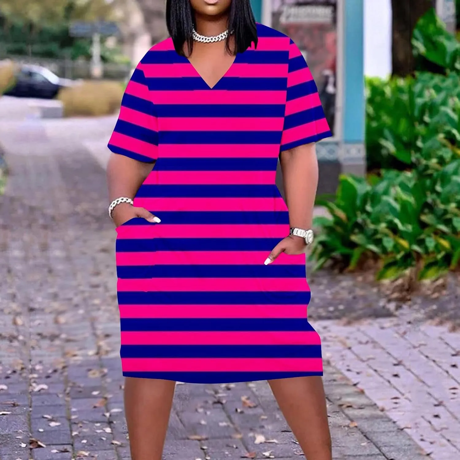 Plus Size Dress for Women Summer Solid Casual Sundresses Short Sleeve Knee Length Shirt Dress with Pockets