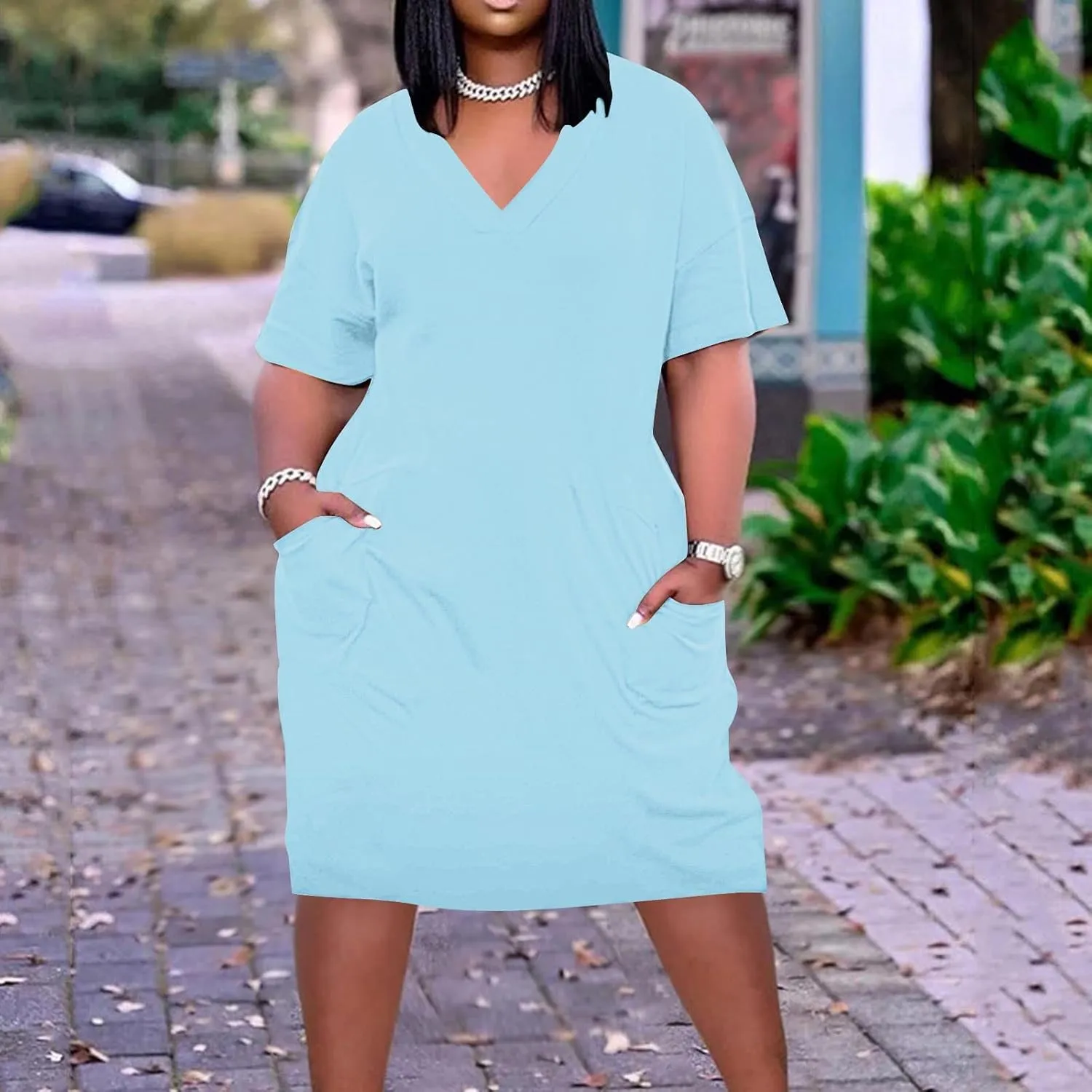 Plus Size Dress for Women Summer Solid Casual Sundresses Short Sleeve Knee Length Shirt Dress with Pockets
