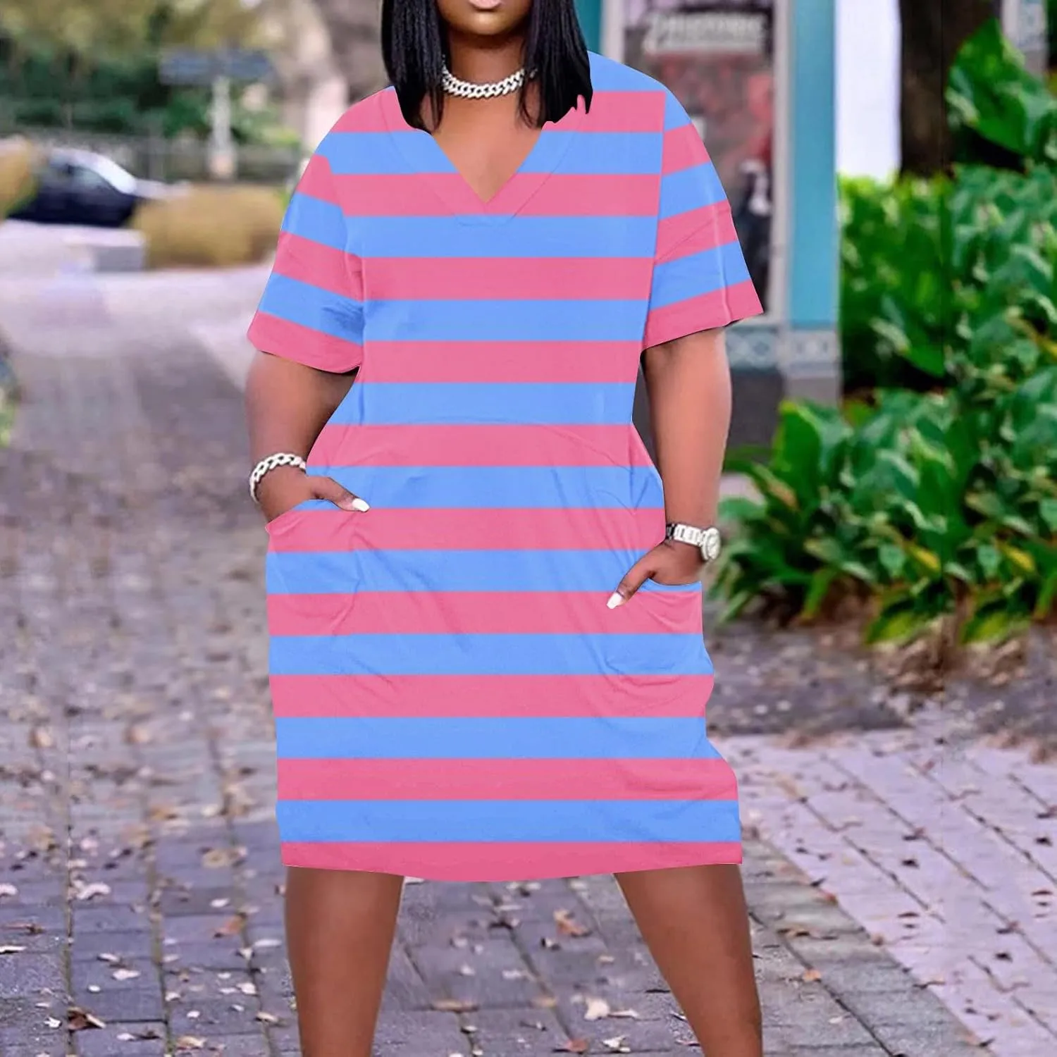 Plus Size Dress for Women Summer Solid Casual Sundresses Short Sleeve Knee Length Shirt Dress with Pockets