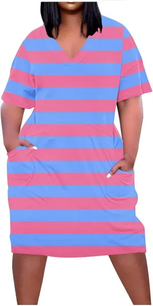 Plus Size Dress for Women Summer Solid Casual Sundresses Short Sleeve Knee Length Shirt Dress with Pockets