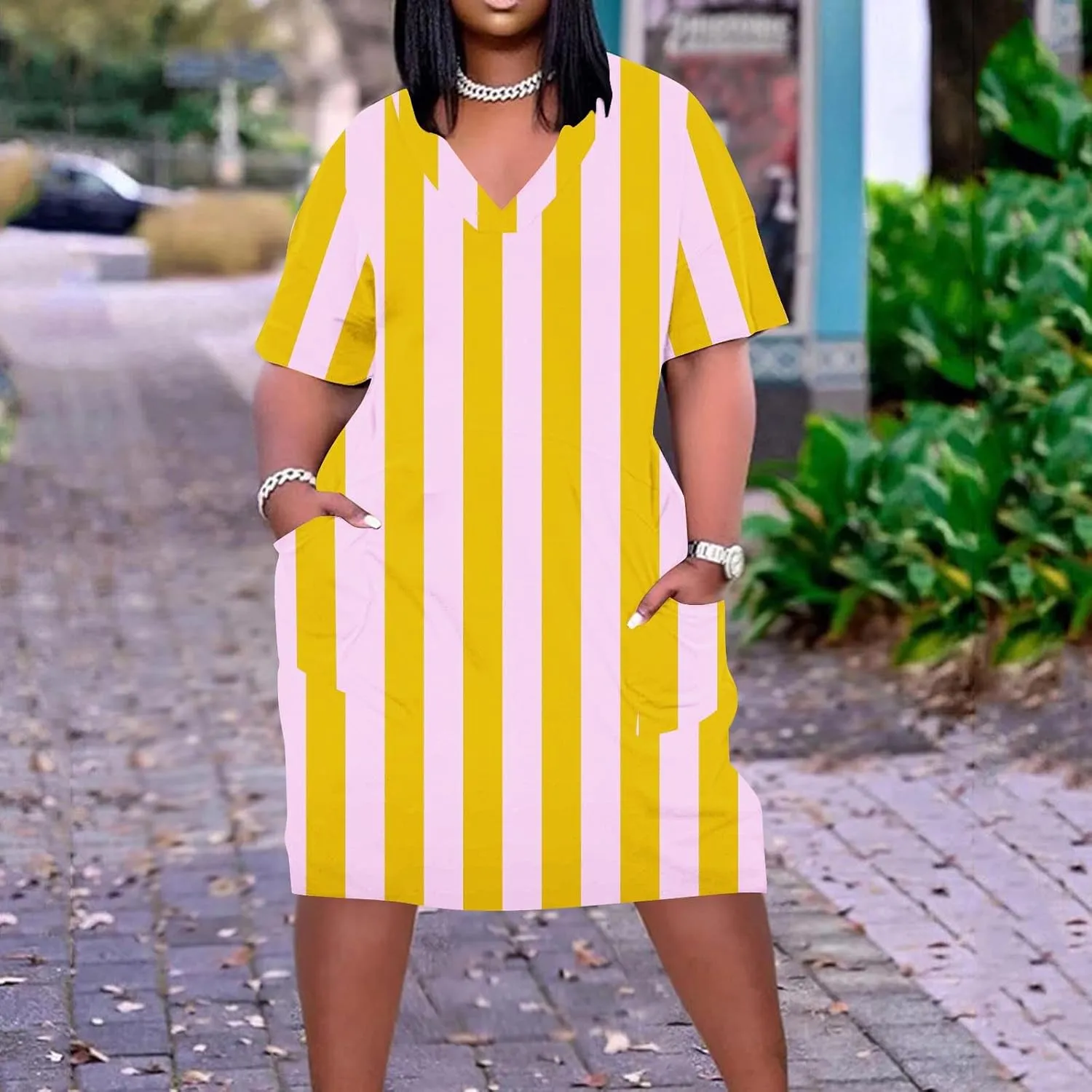 Plus Size Dress for Women Summer Solid Casual Sundresses Short Sleeve Knee Length Shirt Dress with Pockets