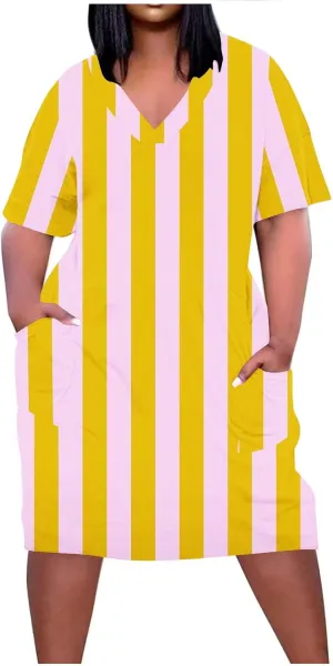 Plus Size Dress for Women Summer Solid Casual Sundresses Short Sleeve Knee Length Shirt Dress with Pockets