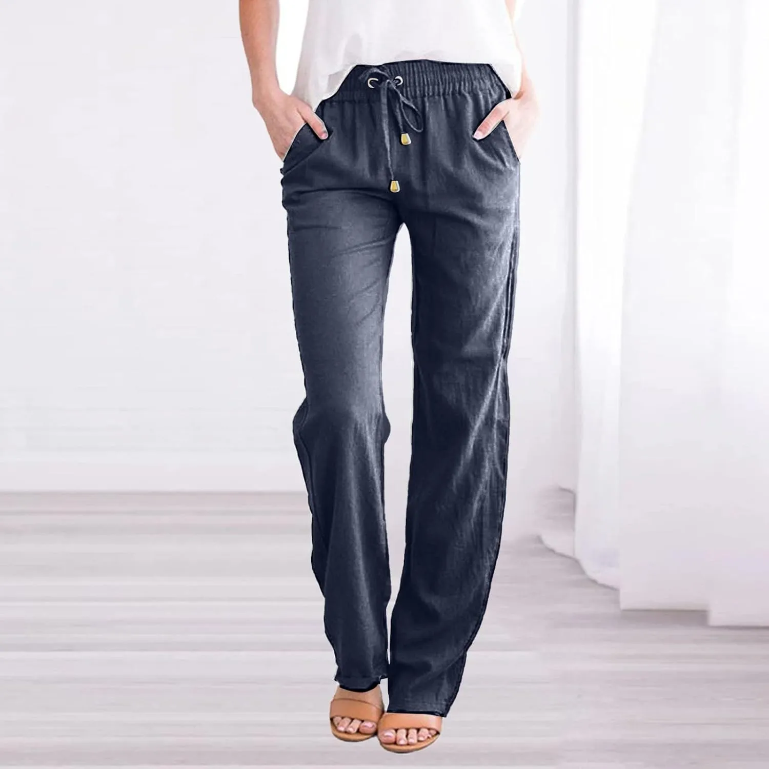 Plus Size Linen Pants Women Summer Casual High Waisted Trendy Loose Lounge Drawstring with Pockets Trousers Travel