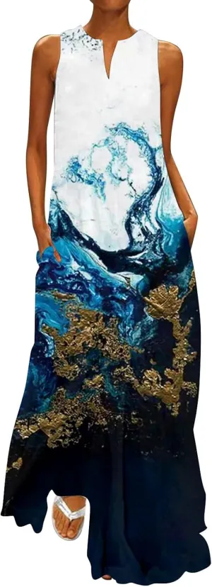 Plus Size Summer Dresses Casual Sundresses with Pockets Bohemian Floral Print V Neck Sleeveless Sun Dress Maxi Dress