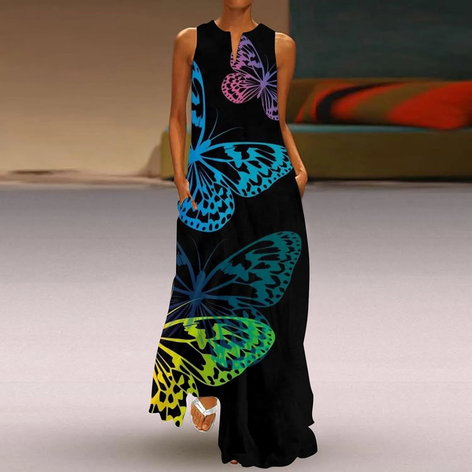 Plus Size Summer Dresses Casual Sundresses with Pockets Bohemian Floral Print V Neck Sleeveless Sun Dress Maxi Dress