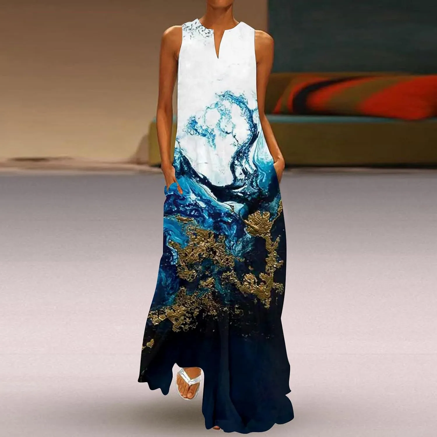 Plus Size Summer Dresses Casual Sundresses with Pockets Bohemian Floral Print V Neck Sleeveless Sun Dress Maxi Dress