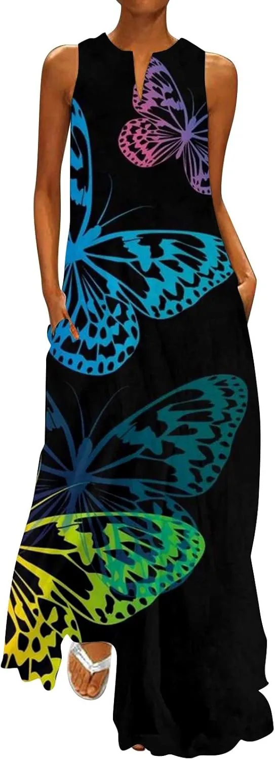 Plus Size Summer Dresses Casual Sundresses with Pockets Bohemian Floral Print V Neck Sleeveless Sun Dress Maxi Dress