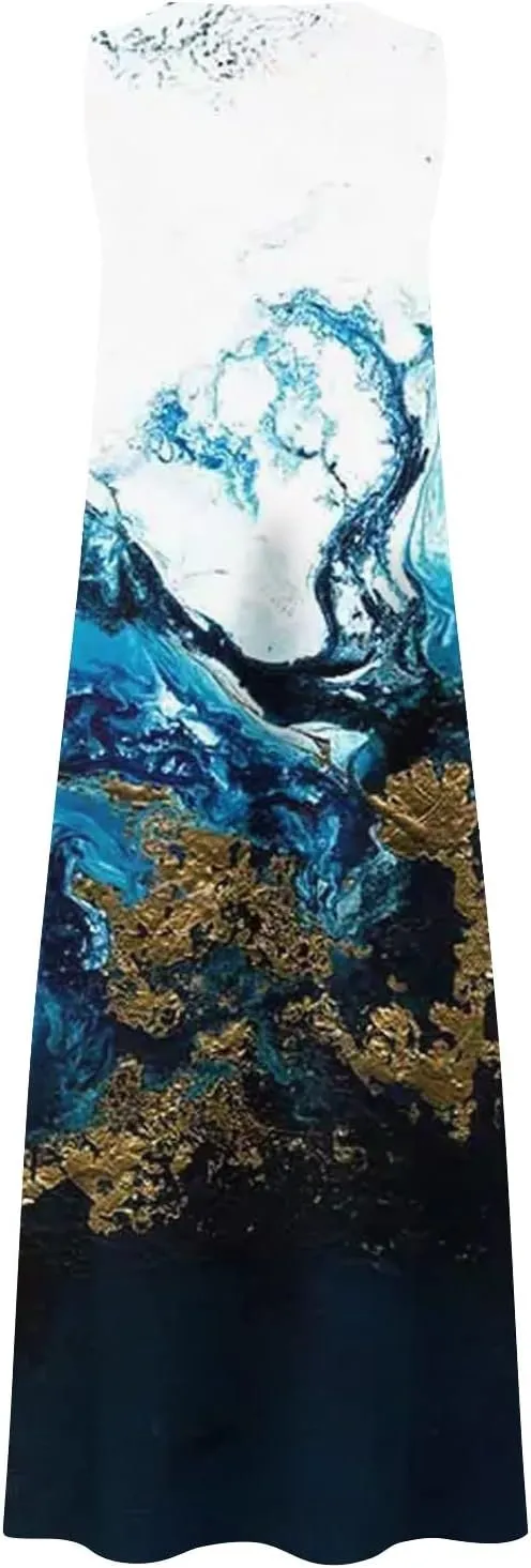 Plus Size Summer Dresses Casual Sundresses with Pockets Bohemian Floral Print V Neck Sleeveless Sun Dress Maxi Dress