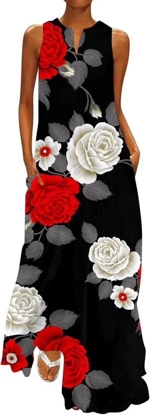 Plus Size Summer Dresses Casual Sundresses with Pockets Bohemian Floral Print V Neck Sleeveless Sun Dress Maxi Dress