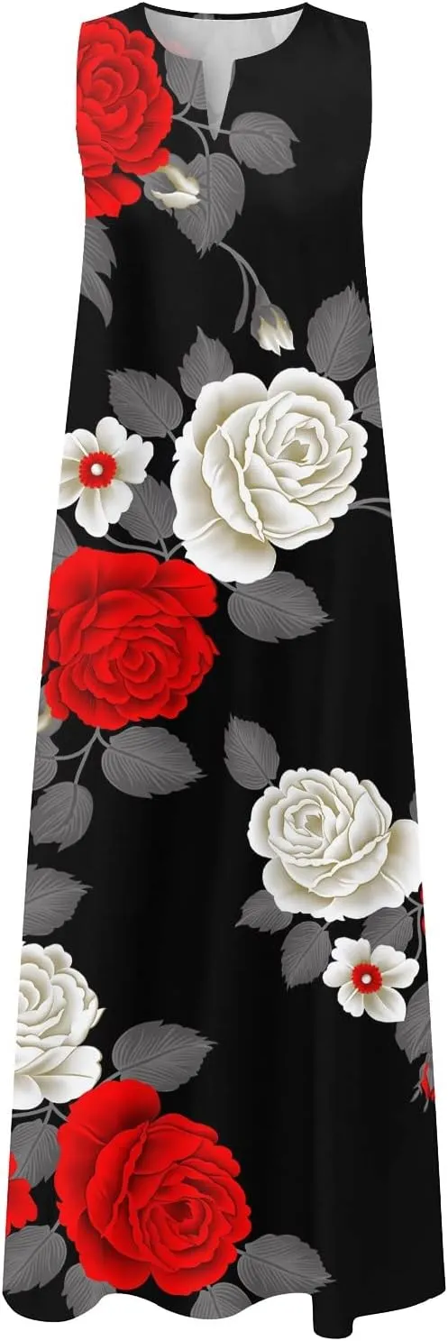 Plus Size Summer Dresses Casual Sundresses with Pockets Bohemian Floral Print V Neck Sleeveless Sun Dress Maxi Dress