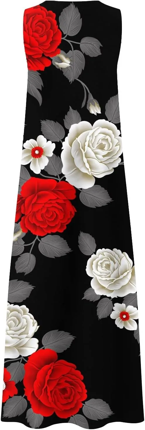 Plus Size Summer Dresses Casual Sundresses with Pockets Bohemian Floral Print V Neck Sleeveless Sun Dress Maxi Dress