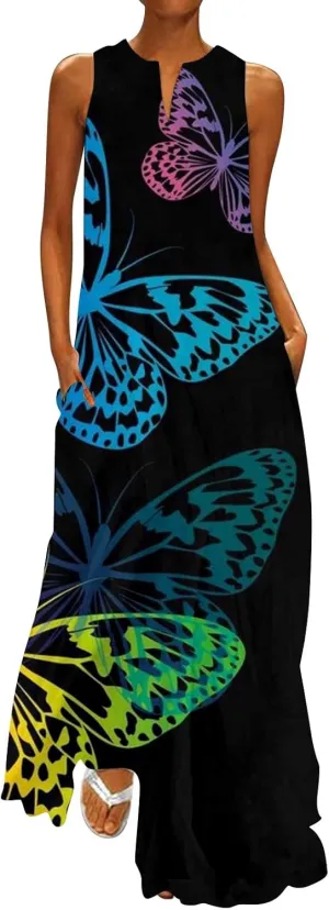 Plus Size Summer Dresses Casual Sundresses with Pockets Bohemian Floral Print V Neck Sleeveless Sun Dress Maxi Dress