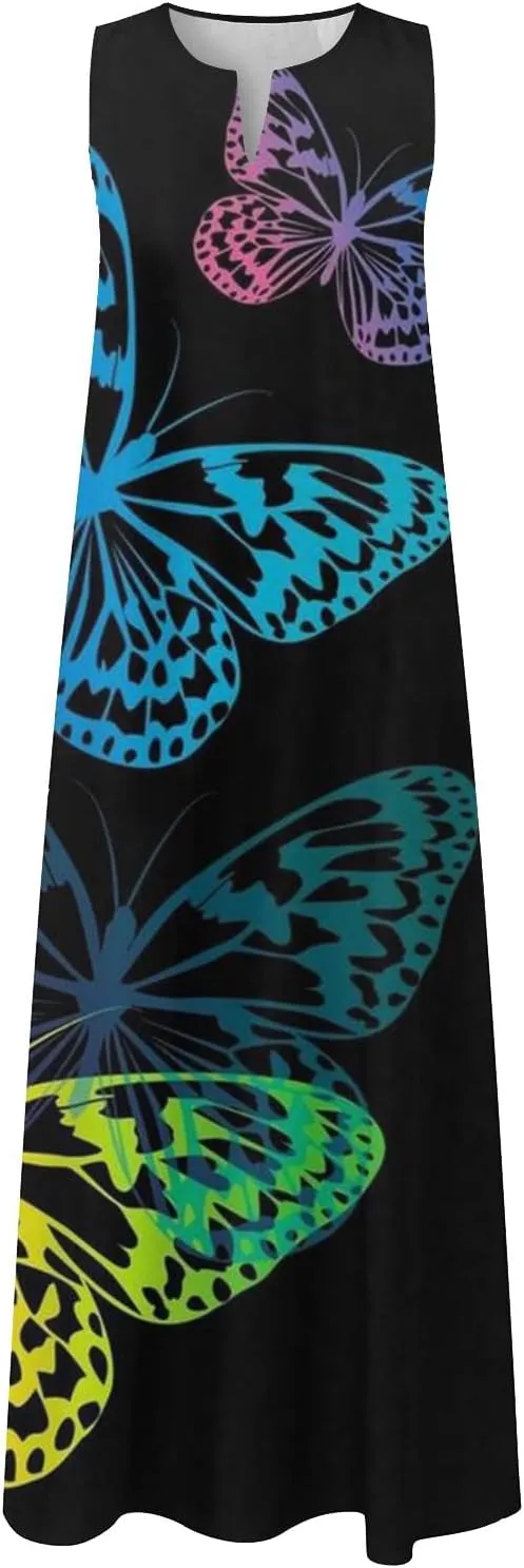 Plus Size Summer Dresses Casual Sundresses with Pockets Bohemian Floral Print V Neck Sleeveless Sun Dress Maxi Dress