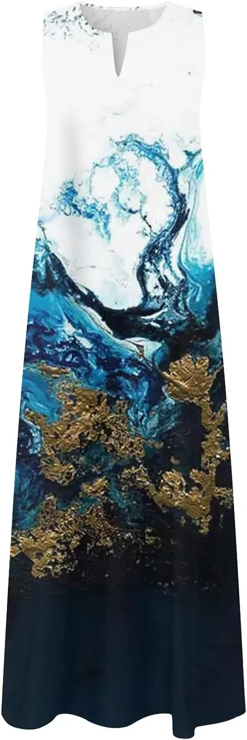 Plus Size Summer Dresses Casual Sundresses with Pockets Bohemian Floral Print V Neck Sleeveless Sun Dress Maxi Dress