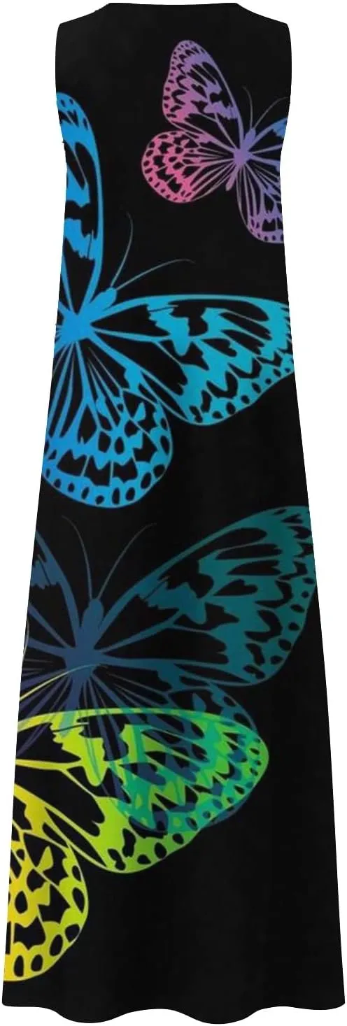 Plus Size Summer Dresses Casual Sundresses with Pockets Bohemian Floral Print V Neck Sleeveless Sun Dress Maxi Dress