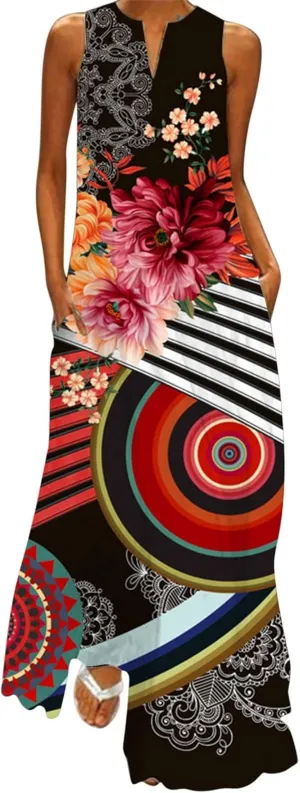 Plus Size Summer Dresses Casual Sundresses with Pockets Floral Print Bohemian V Neck Sleeveless Sun Dress Maxi Dress