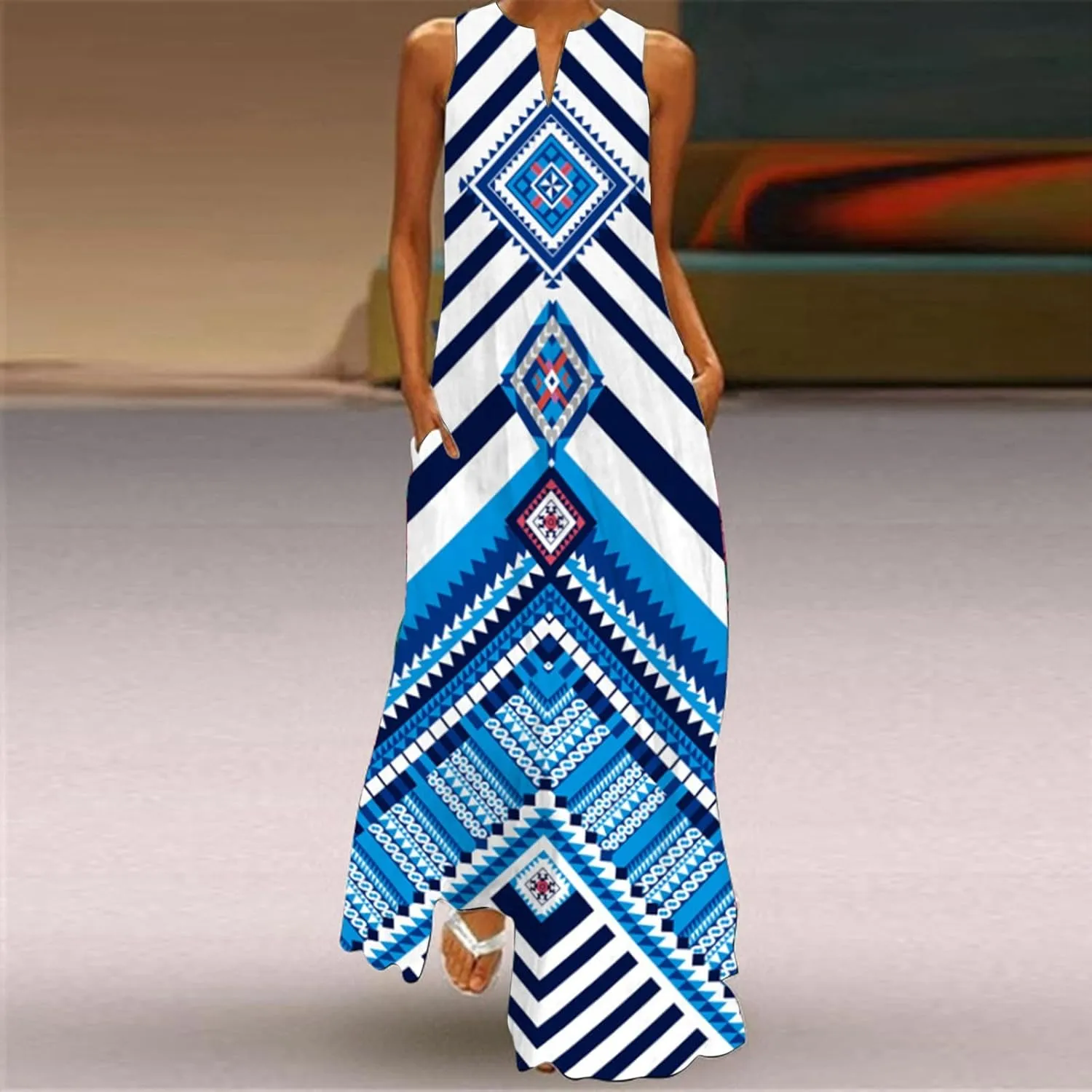 Plus Size Summer Dresses Casual Sundresses with Pockets Floral Print Bohemian V Neck Sleeveless Sun Dress Maxi Dress