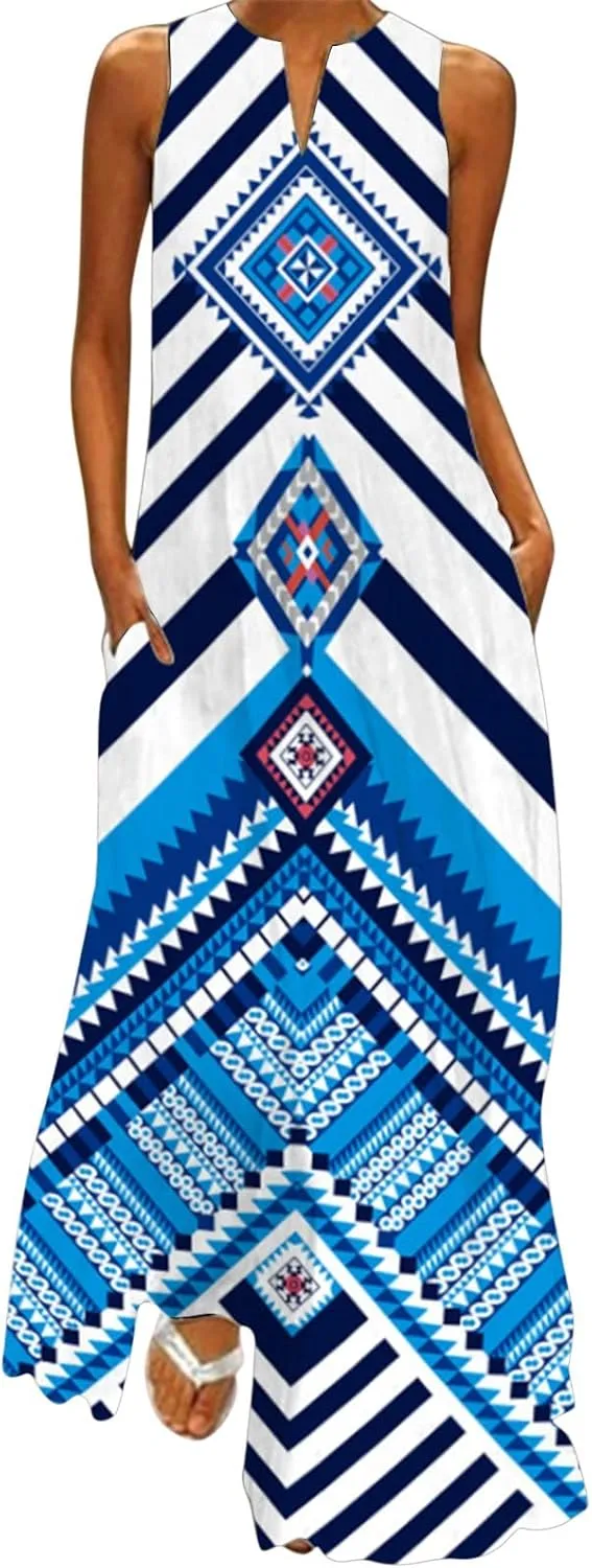 Plus Size Summer Dresses Casual Sundresses with Pockets Floral Print Bohemian V Neck Sleeveless Sun Dress Maxi Dress