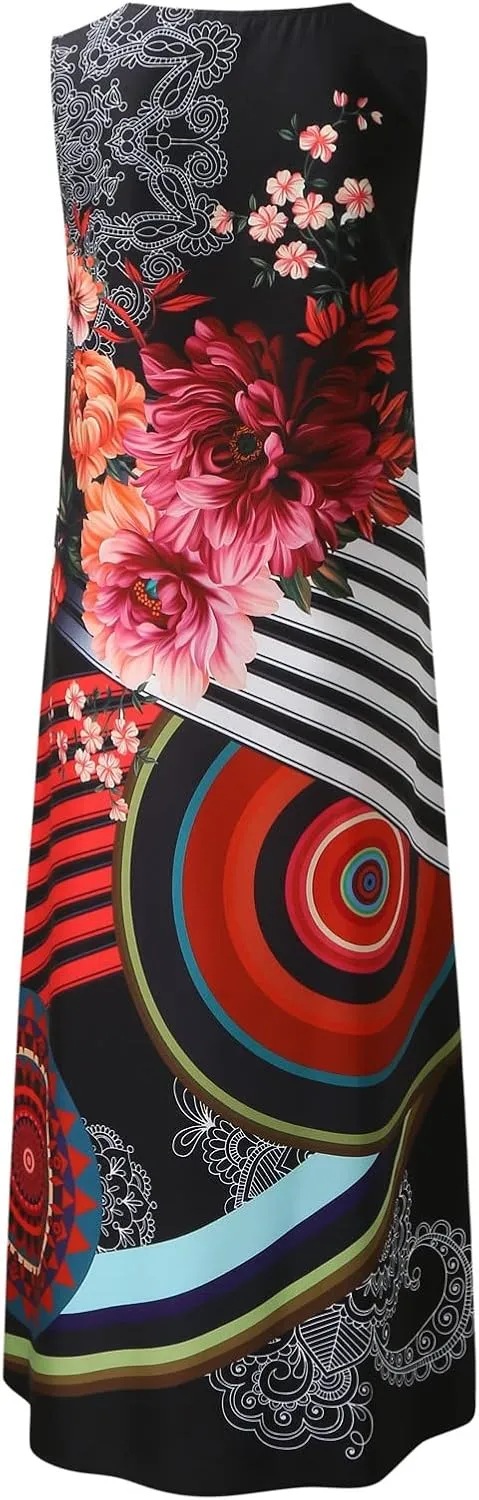 Plus Size Summer Dresses Casual Sundresses with Pockets Floral Print Bohemian V Neck Sleeveless Sun Dress Maxi Dress