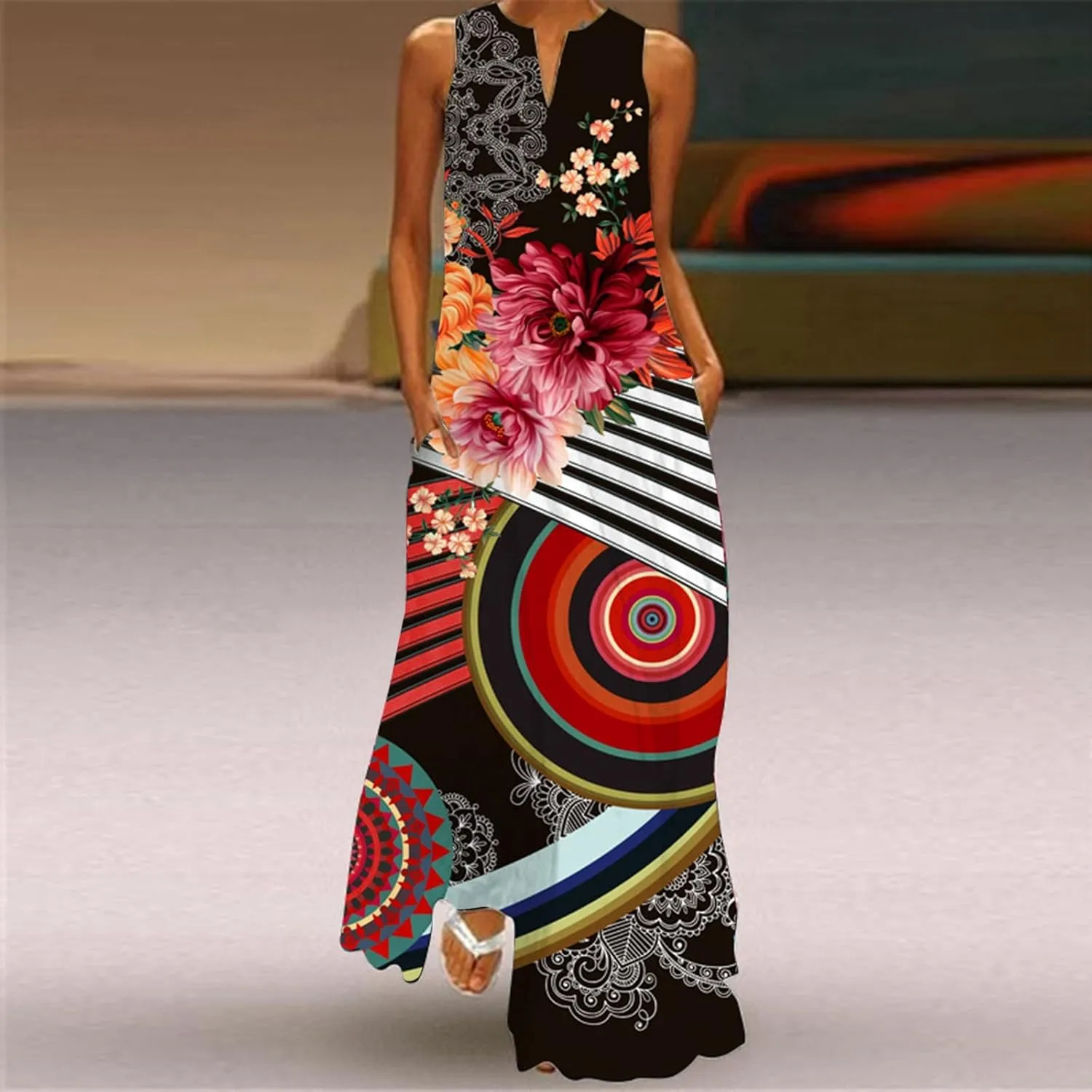 Plus Size Summer Dresses Casual Sundresses with Pockets Floral Print Bohemian V Neck Sleeveless Sun Dress Maxi Dress