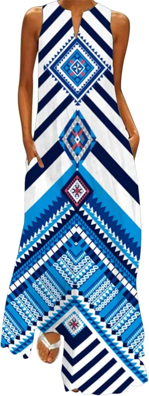 Plus Size Summer Dresses Casual Sundresses with Pockets Floral Print Bohemian V Neck Sleeveless Sun Dress Maxi Dress