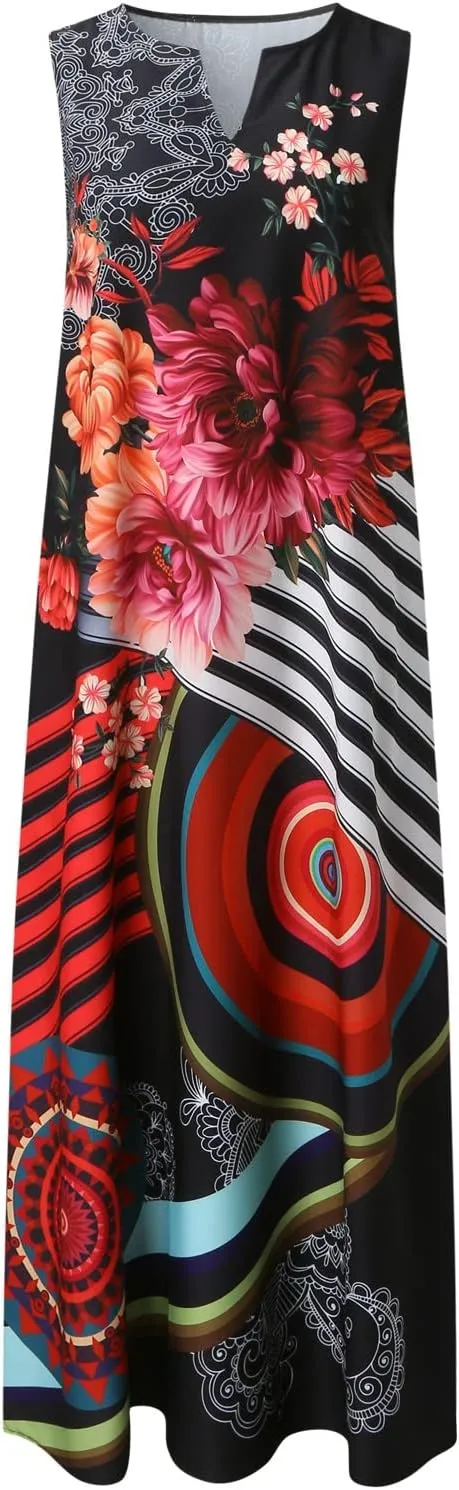 Plus Size Summer Dresses Casual Sundresses with Pockets Floral Print Bohemian V Neck Sleeveless Sun Dress Maxi Dress