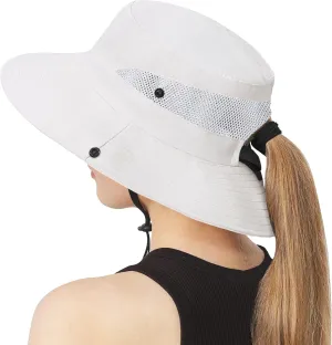 Ponytail Sun Hats for Women UPF 50  Wide Brim Mesh Bucket Hats Female Adult Beach Fishing Hats PureBeige
