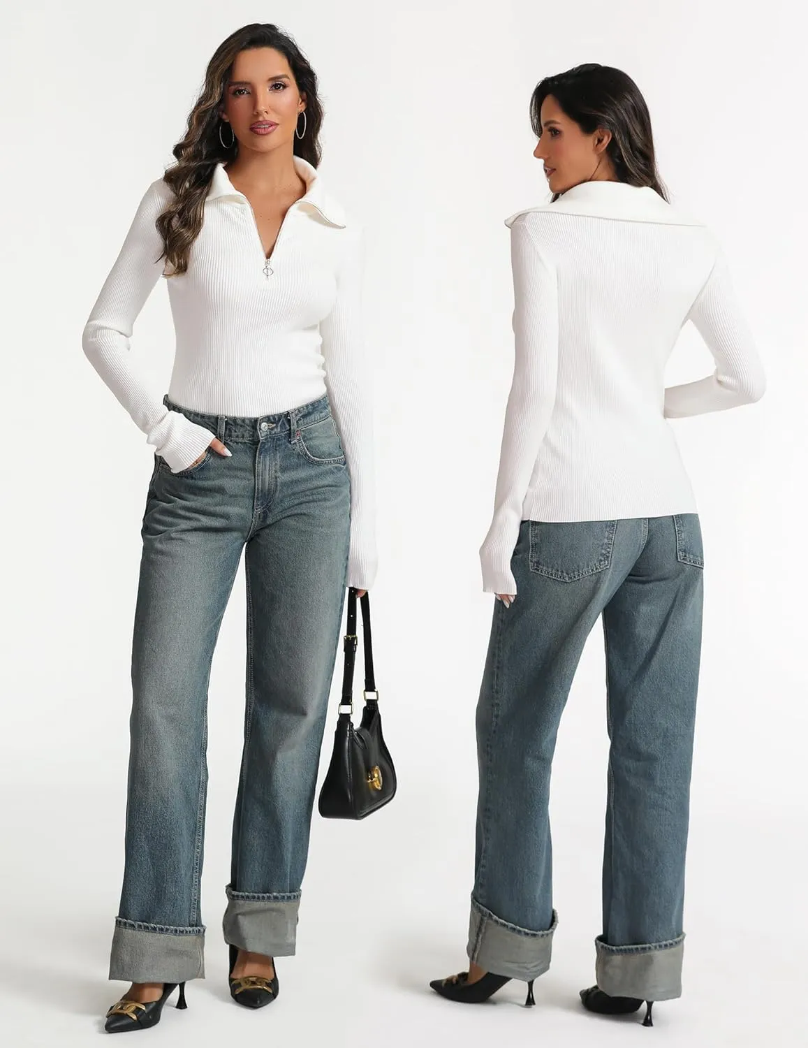 Prettywear Women's Quarter Zip Pullover Sweaters 2024 Long Sleeve Collared Slim Fit Ribbed Knit Business Casual Fall Top