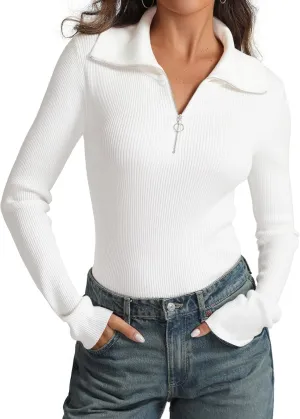 Prettywear Women's Quarter Zip Pullover Sweaters 2024 Long Sleeve Collared Slim Fit Ribbed Knit Business Casual Fall Top