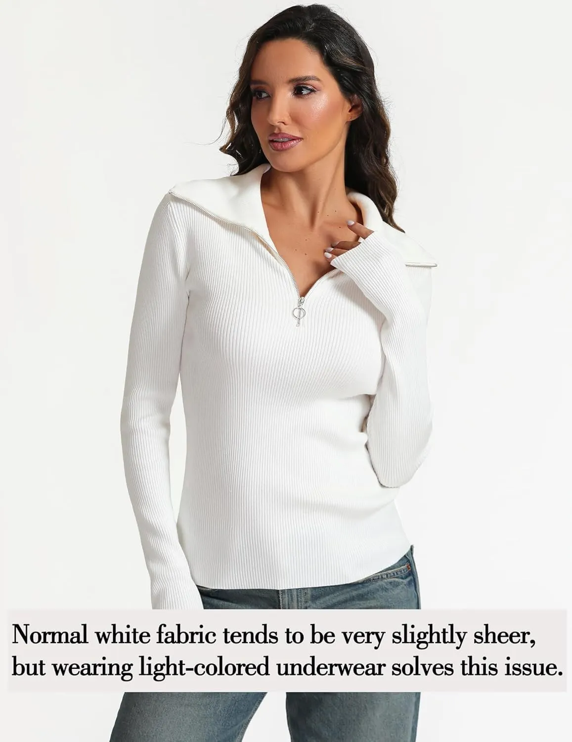 Prettywear Women's Quarter Zip Pullover Sweaters 2024 Long Sleeve Collared Slim Fit Ribbed Knit Business Casual Fall Top
