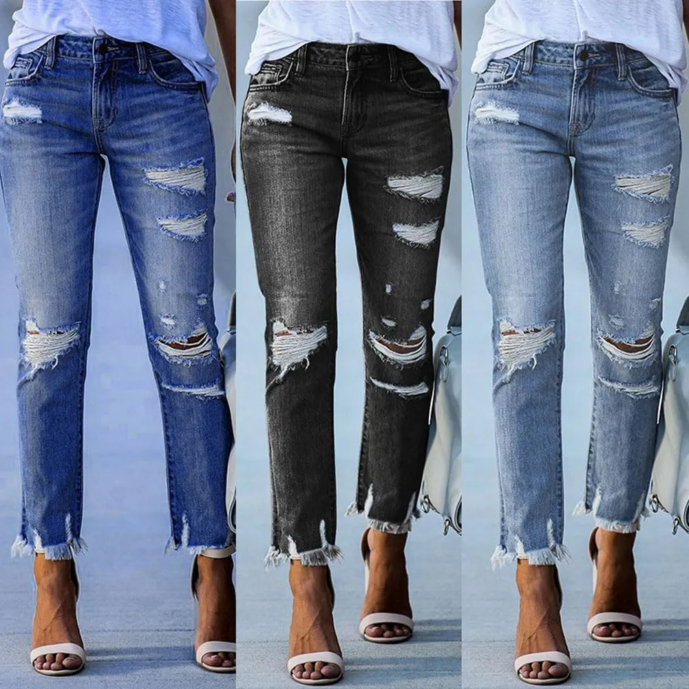 Ripped Jeans for Women High Waisted Stretch Tapered Leg Frayed Raw Distressed Demin Pants