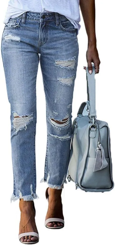Ripped Jeans for Women High Waisted Stretch Tapered Leg Frayed Raw Distressed Demin Pants