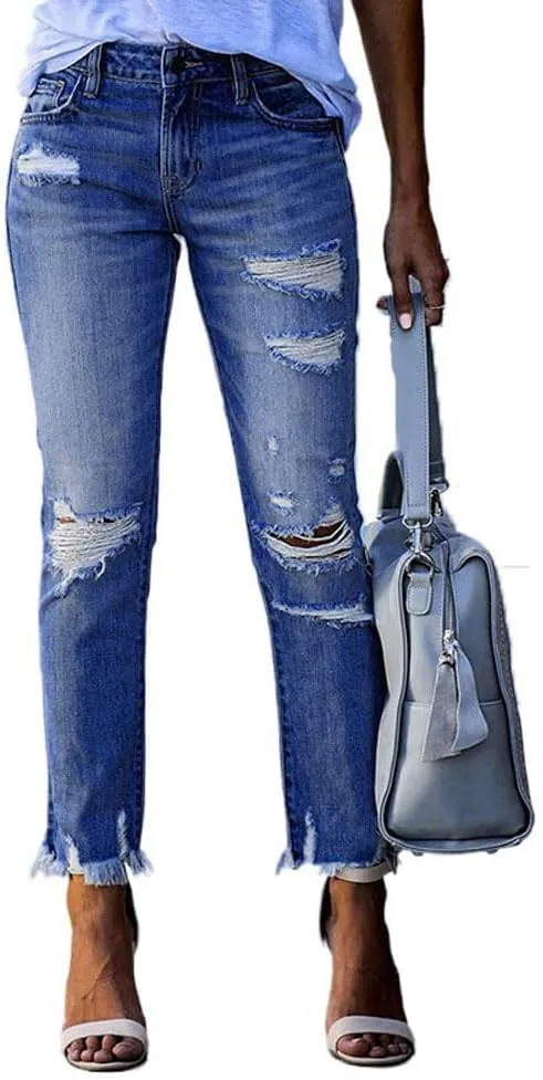 Ripped Jeans for Women High Waisted Stretch Tapered Leg Frayed Raw Distressed Demin Pants