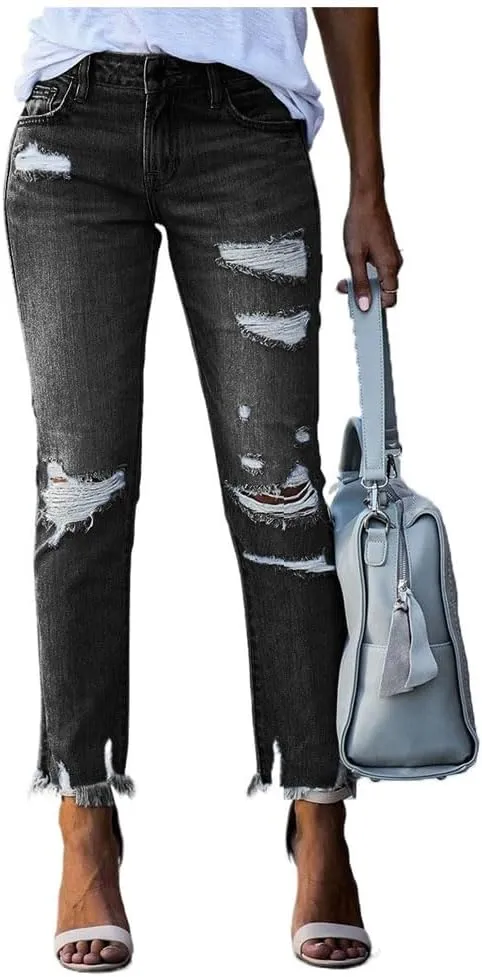 Ripped Jeans for Women High Waisted Stretch Tapered Leg Frayed Raw Distressed Demin Pants