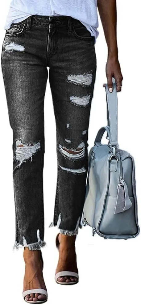 Ripped Jeans for Women High Waisted Stretch Tapered Leg Frayed Raw Distressed Demin Pants