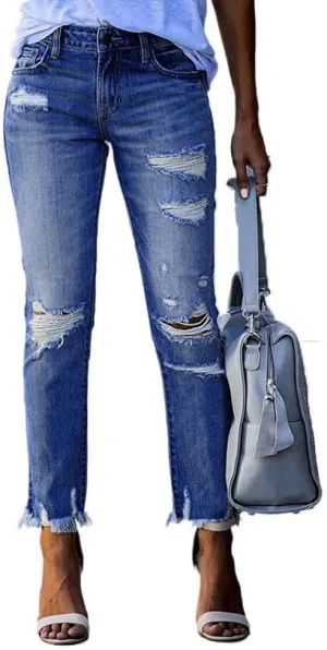 Ripped Jeans for Women High Waisted Stretch Tapered Leg Frayed Raw Distressed Demin Pants