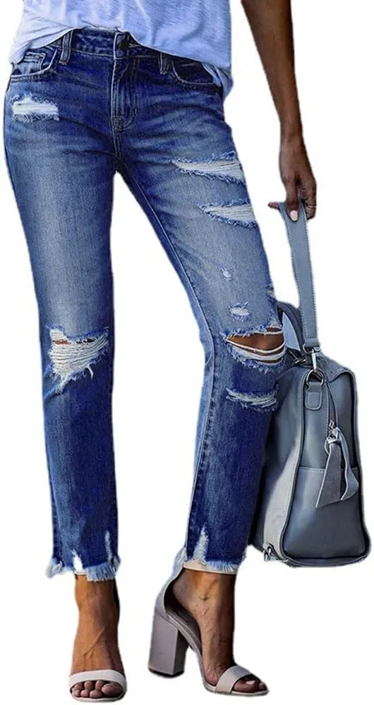 Ripped Jeans for Women High Waisted Stretch Tapered Leg Frayed Raw Distressed Demin Pants