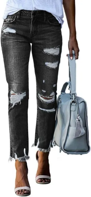 Ripped Jeans for Women High Waisted Stretch Tapered Leg Frayed Raw Distressed Demin Pants