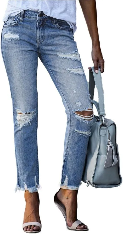 Ripped Jeans for Women High Waisted Stretch Tapered Leg Frayed Raw Distressed Demin Pants