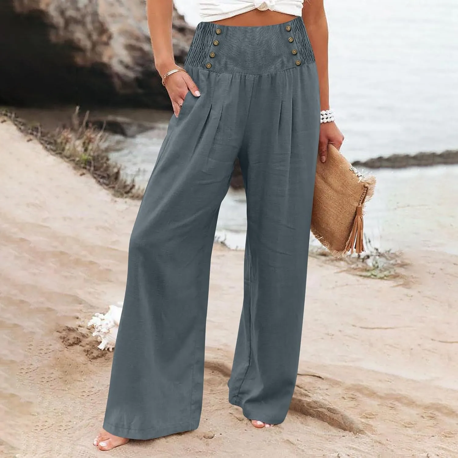 Rvidbe Linen Pants Women Tall 2024 Comfy Flowy Wide Leg Pants Trousers Summer High Waisted Beach Palazzo Pants with Pockets