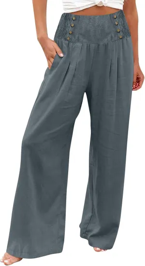 Rvidbe Linen Pants Women Tall 2024 Comfy Flowy Wide Leg Pants Trousers Summer High Waisted Beach Palazzo Pants with Pockets