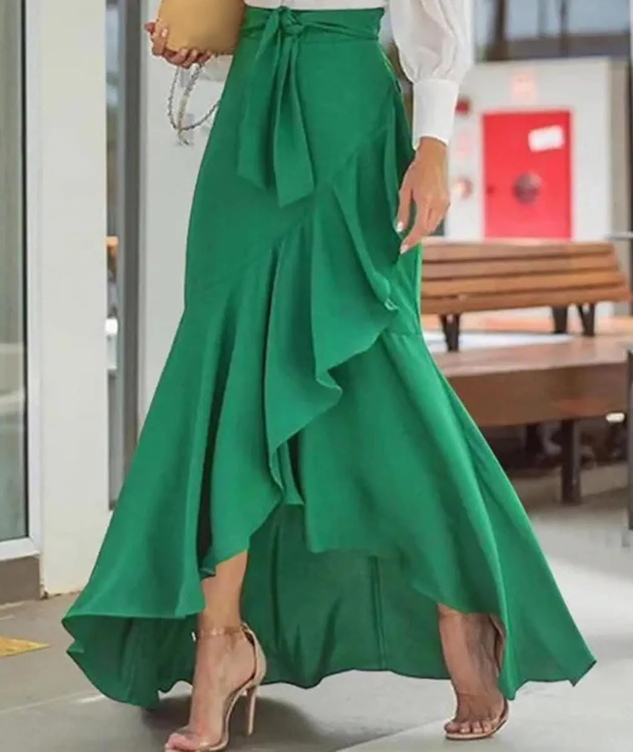 SEMATOMALA Women's Casual Plaid Mermaid Maxi Skirt A Line Irregular Ruffle Hem Fishtail Long Skirt Spring Summer