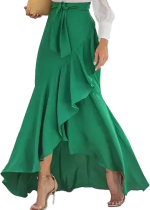 SEMATOMALA Women's Casual Plaid Mermaid Maxi Skirt A Line Irregular Ruffle Hem Fishtail Long Skirt Spring Summer