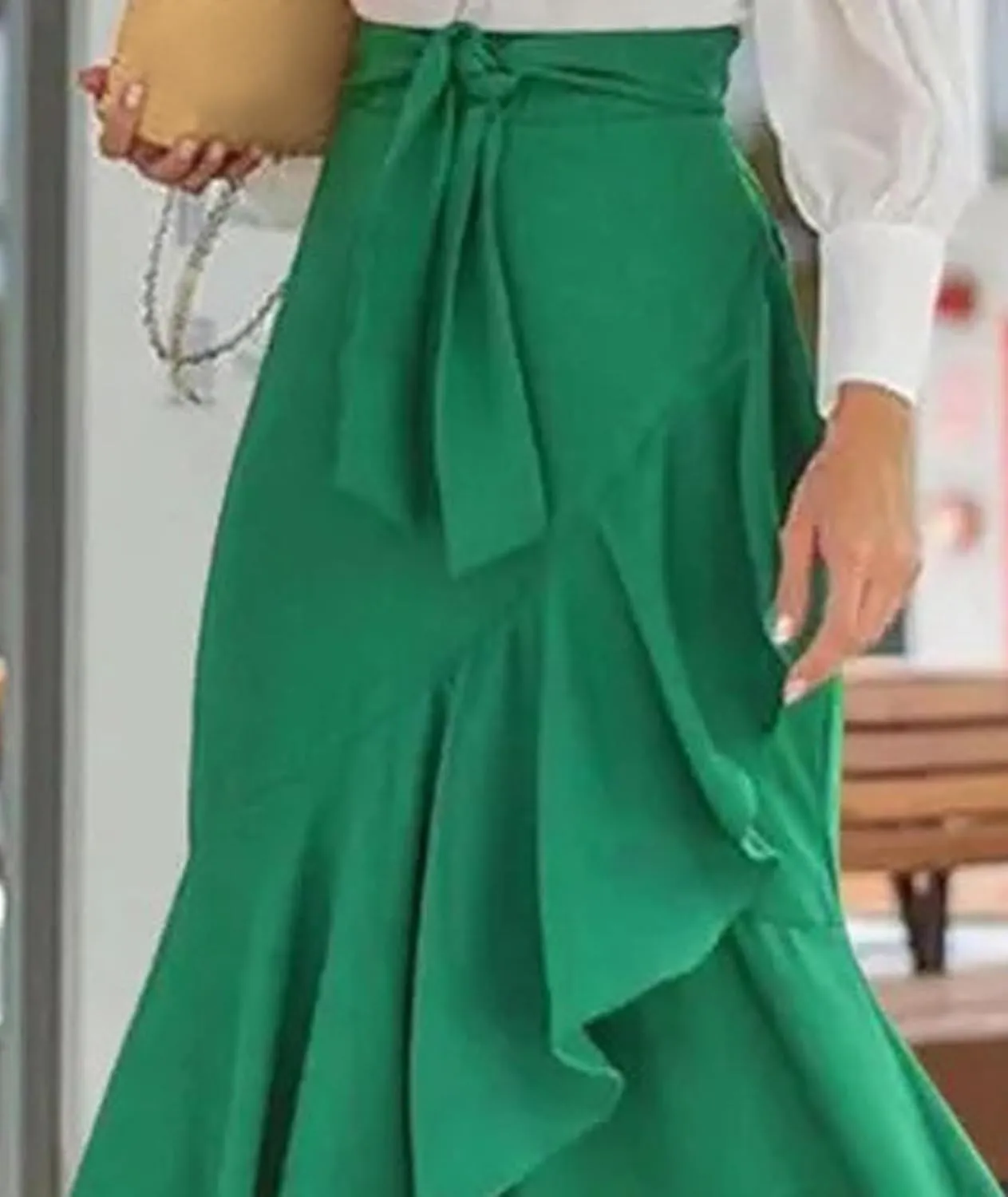 SEMATOMALA Women's Casual Plaid Mermaid Maxi Skirt A Line Irregular Ruffle Hem Fishtail Long Skirt Spring Summer