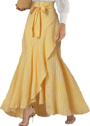 SEMATOMALA Women's Casual Plaid Mermaid Maxi Skirt A Line Irregular Ruffle Hem Fishtail Long Skirt Spring Summer