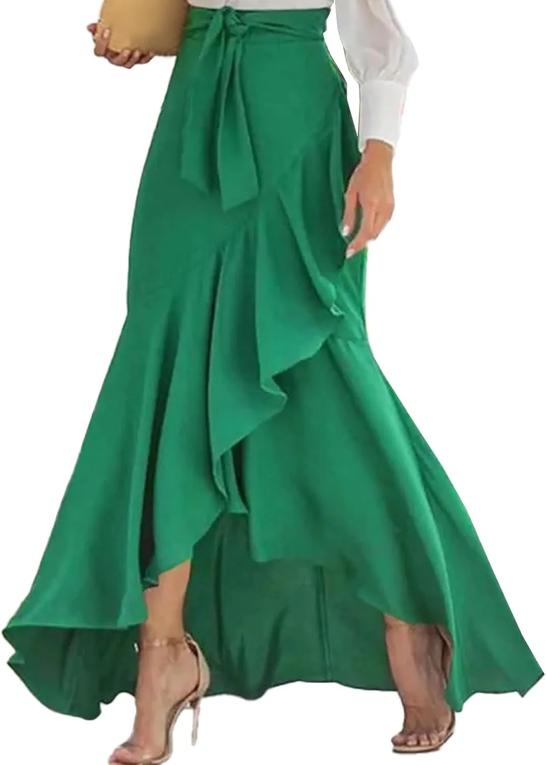 SEMATOMALA Women's Casual Plaid Mermaid Maxi Skirt A Line Irregular Ruffle Hem Fishtail Long Skirt Spring Summer